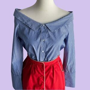 Zara Trafaluc Collection Open Collar Off Shoulder Striped Blouse
